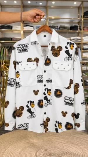 Men’s Trendy Cartoon Printed Shirt – White Mickey Print Half Sleeve Shirt